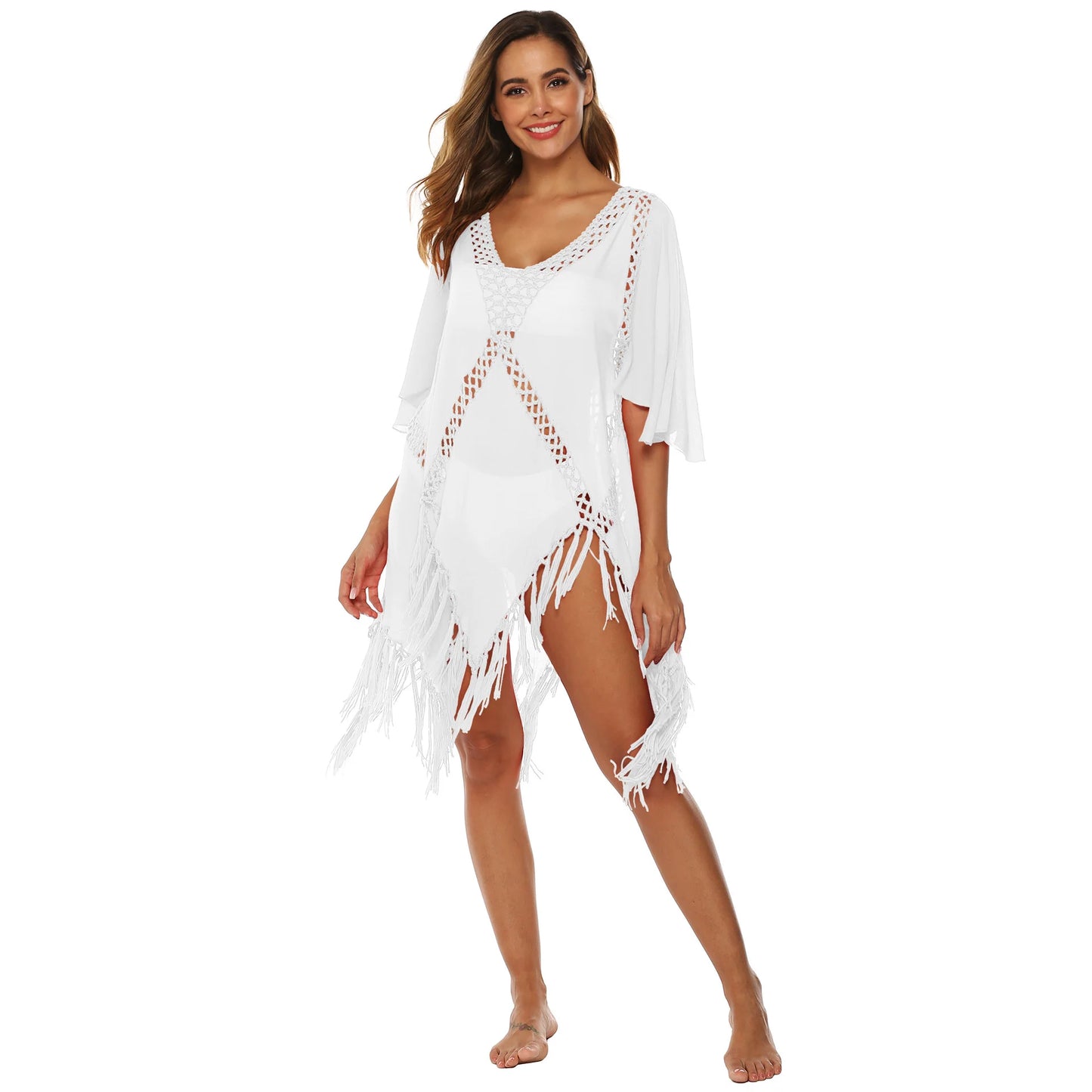 CROCHET BIKINI Backless Cover Up With Tassels Sexy V-neck Halter Beach Dress Women Summer Bathing Suit Beachwear