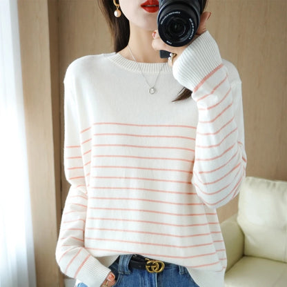 100% Cotton Knitted Sweater Women's Sweater Striped Color Matching Round Neck Large Size Loose Temperament Long Sleeve Bottoming