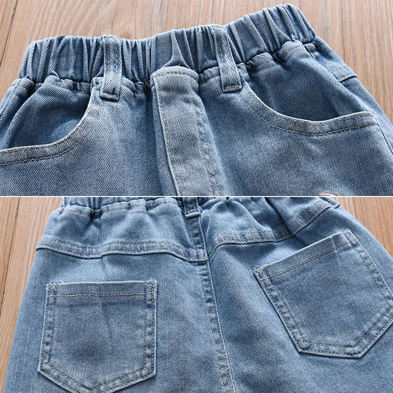 Girls Cartoon Embroidery Jeans 2023 Fashion Autumn New Baby Kids Casual Elastic Waist Pockets Denim Pant Cotton Children's Pants