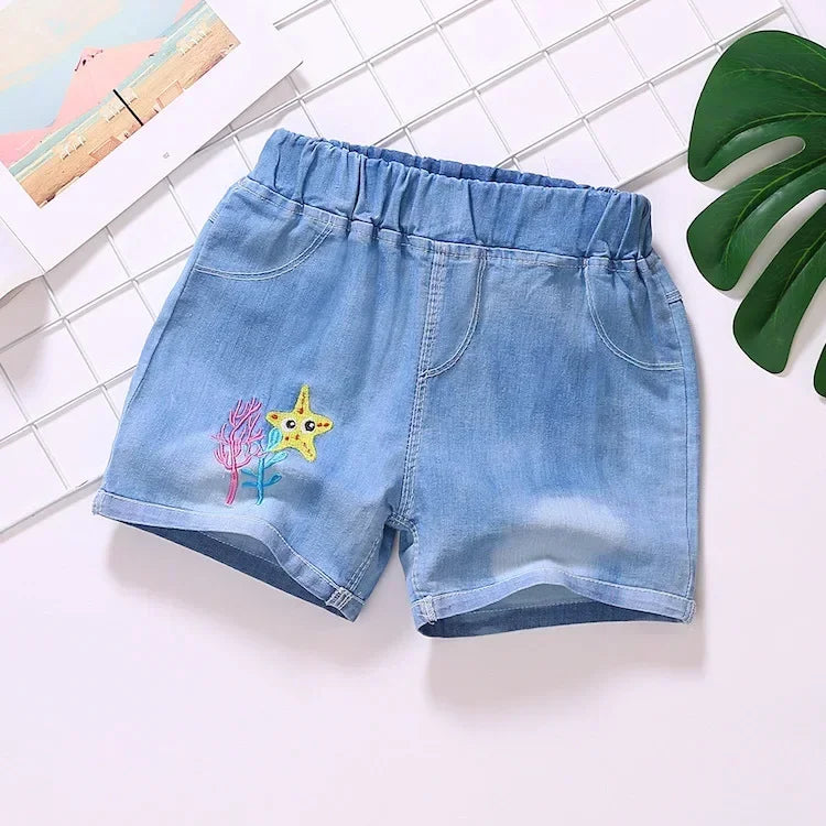 Girls Shorts Jeans Kids Eastic Band Short Pant 2024 Summer 2 To 12 Yrs Children's Clothing Teenagers Cartoon Embroidery Trousers