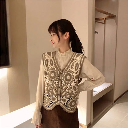 Women Spring Crochet Sleeveless Sweater Vest Waistcoat V-Neck Button Down Hollow Out Knit Ethnic Floral Leaves Cropped M6CD