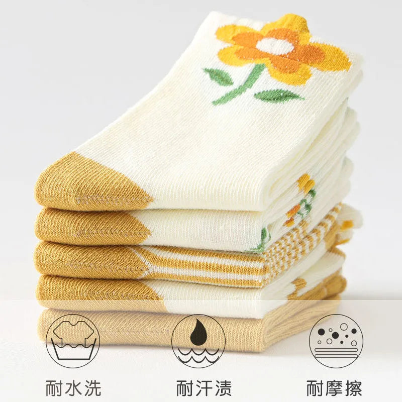 5 Pairs Autumn Socks Girls Yellow Floral Pattern Socks A Class Cotton Baby Socks Children Medium Socks Kids Socks