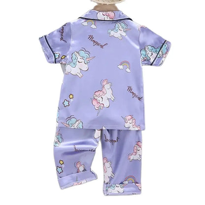 Girls Pajamas Pants Set Summer Air-Conditioned Clothing Toddler Boys Lce Silk Satin Cartoon Unicorn Nightgown 2pcs Outfit