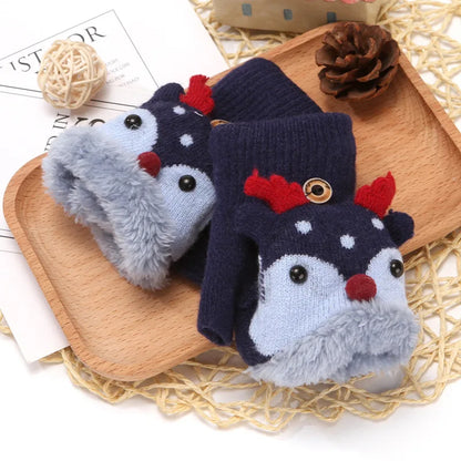 4-12 Years Children Gloves Winter Girls Knitted Half Finger Flip Gloves Plush Thick Warm Cartoon Boy Christmas Deer Kids Mittens