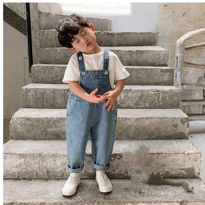 Fashionable Children's Overalls Spring Autumn Baby Jeans Big Pocket Denim Overalls Casual Loose Boys Girls Denim Trousers