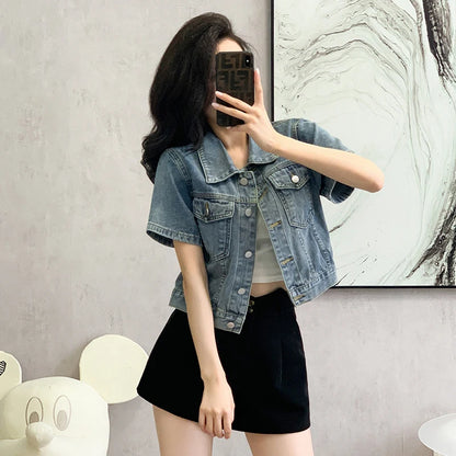 New 2024 Spring Summer Denim Coat Women Short Sleeve Blue Jeans Jackets Turn Down Collar Streetwear Cropped Jackets Womens