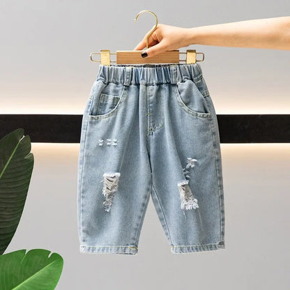 2024 Summer Thin Children's Shorts Baby Korean Boys Ripped Jeans Five Quarter Pants Children Soft Outside Wear