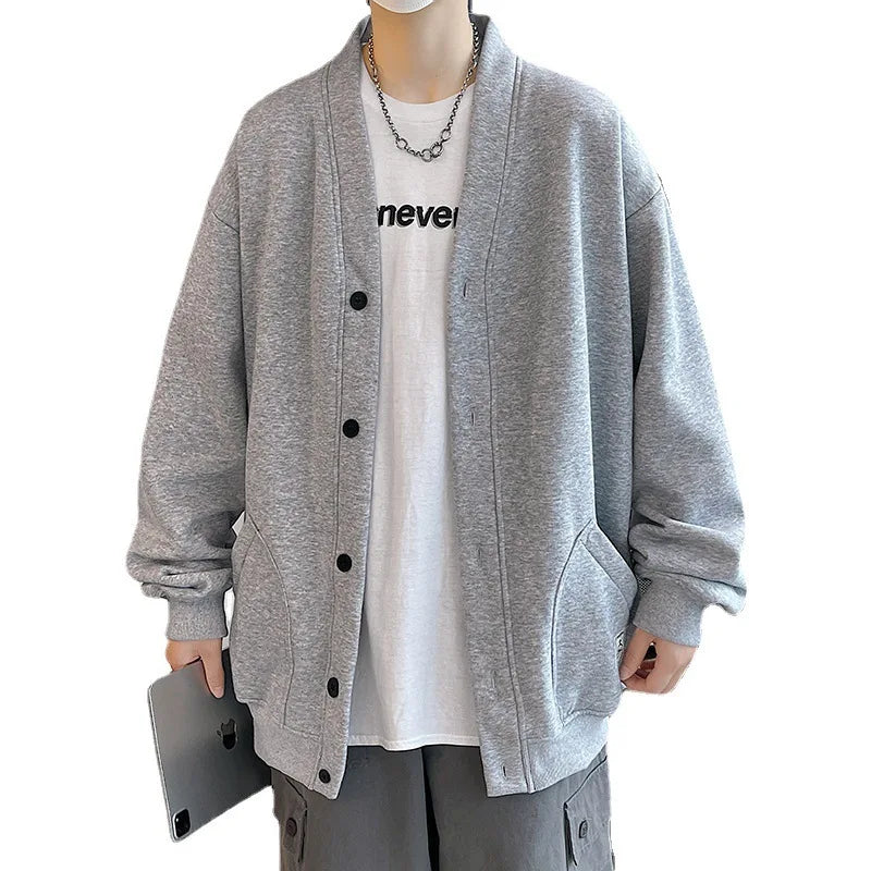 2023 Korean Sweatshirts Men Fashion Solid Color Style Hoodies Autumn Brand Casual Loose Coat Street Thick Warm Male Cardigans