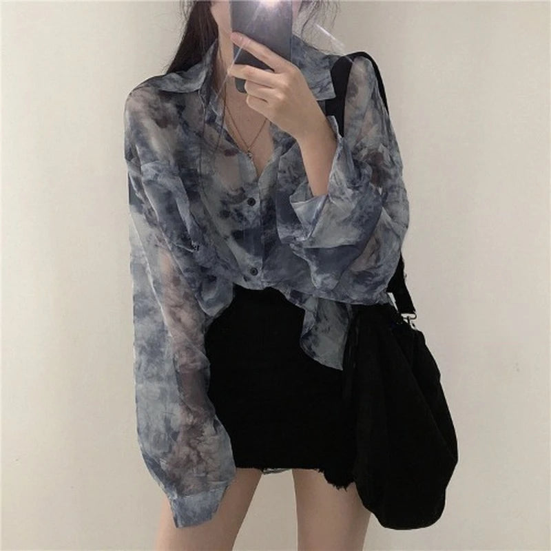 Shirts Women Fashion Tie Dye Harajuku Gothic Top New Korean Loose Casual Clothes Sun-proof Embroidery All-match Summer Holiday