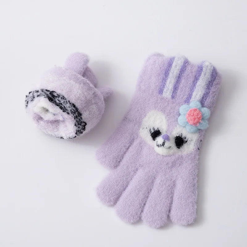 5-12 Years Winter Children Girl Gloves Knitted Warm Soft Cartoon Rabbit Full Finger Gloves Kids Outdoor Lovely Girl Mittens