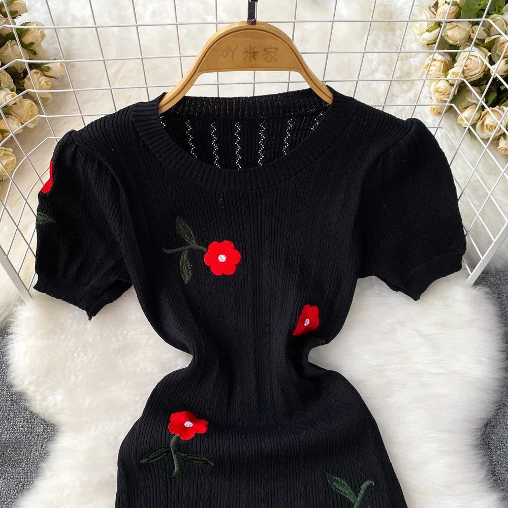 2024 Women Dress Elegant Embroidery Rose Flowers White Black Bodycon Party Dress Chic Fashion  Knitted Ladies Short Mini Dresses