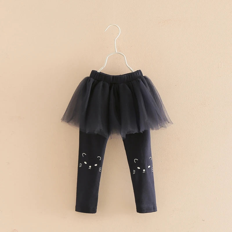 2024 Spring Autumn 2 3 4 6 8 10 Year Child Full Length Capri Pants Cartoon Cat Culottes Lace Skirt Leggings For Baby Kids Girls