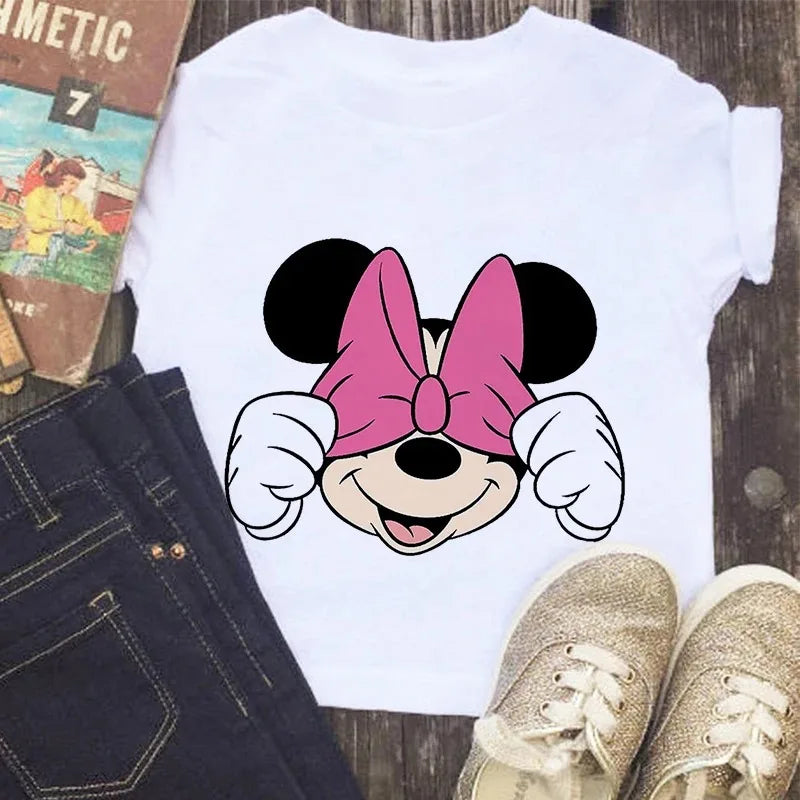 Disney Series Mickey Minnie Anime Clothes T-shirt Boy Girl Casual Summer White Pink Cotton Children's Clothing Baby Kawaii Tees