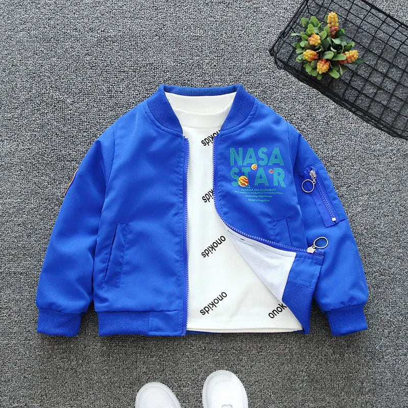 New Spring Autumn Baby Boys Casual Thin Coat Black Blue Letter Print Stand Neck Open Stitch Bomber Jacket Kids Clothes E48711