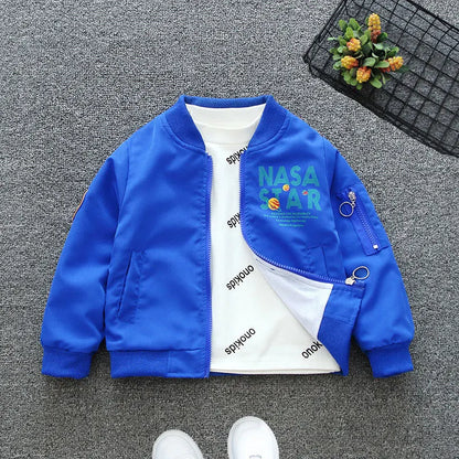 New Spring Autumn Baby Boys Casual Thin Coat Black Blue Letter Print Stand Neck Open Stitch Bomber Jacket Kids Clothes E48711