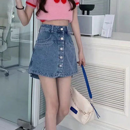 2023 Summer Women\'s Skirt with Shorts Korean Style Single-Breasted Design Blue Denim Skirt Woman Vintage High Waist Mini Skirts