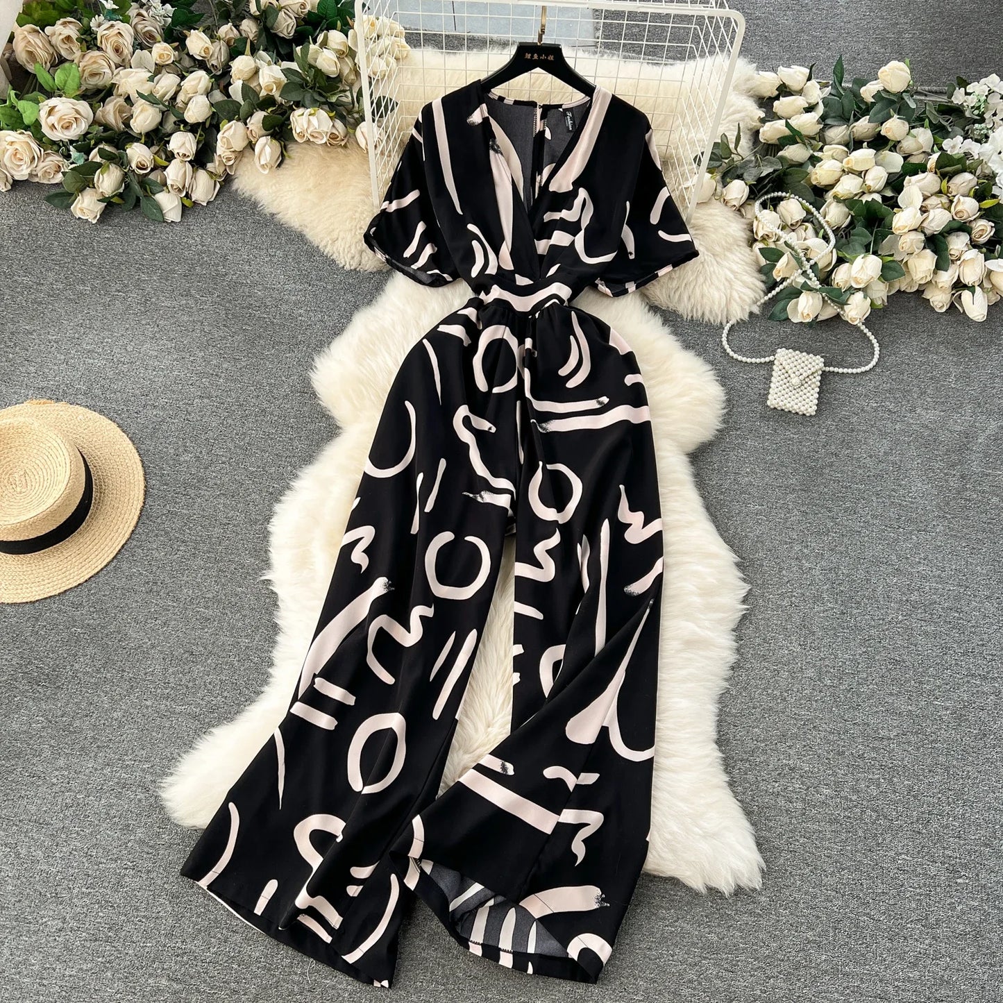 Summer Casual Women Printed Wide Leg Jumpsuit Female V-Neck Short Puff Sleeve High Waist Draped Loose Romper New Fashion