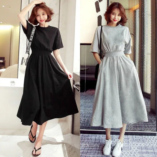 2024 Spring/Summer New Dress Women's Half Sleeve Waist Long Dress Fashionable and Casual High Waist Round Neck Big Swing Skirt