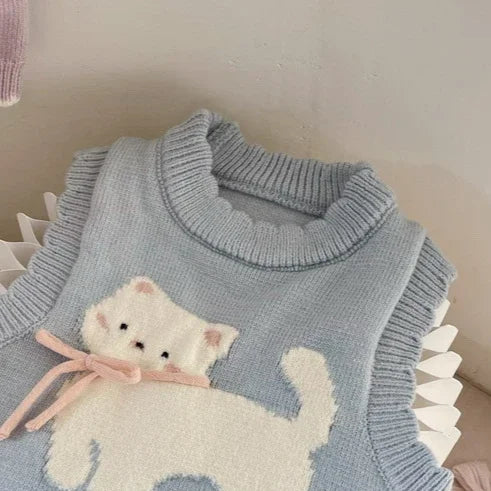 2024 Autumn and Winter Children's Sweater Vest Cute Bow Cat Pattern Girl's Top Knitted Top Baby Kids Clothing