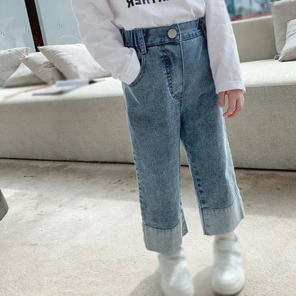 New Arrival Fashionable Girls' Straight Jeans with Wide Legs for Autumn and Spring Seasons - Kids Jeans