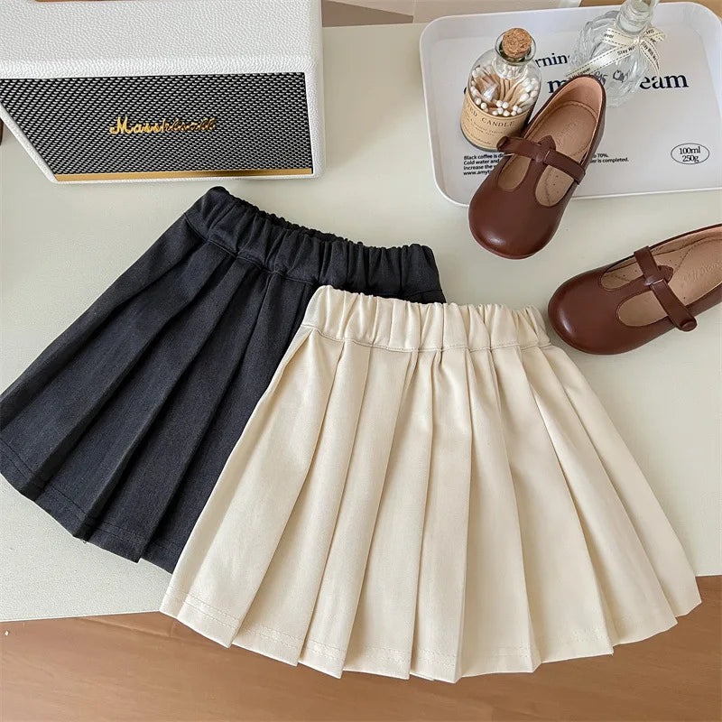 Girls‘ Skirt 2023 Summer Spring Autumn Solid Color White Grey Black Academic Style Sweet Cotton Versatile