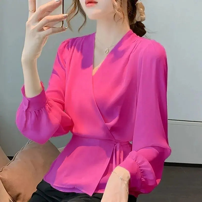 Shirt Temperament Long Sleeved Autumn Top Solid Color Year Lace Up Women's New Collection Waist Cross Chiffon Shirt Fashionable