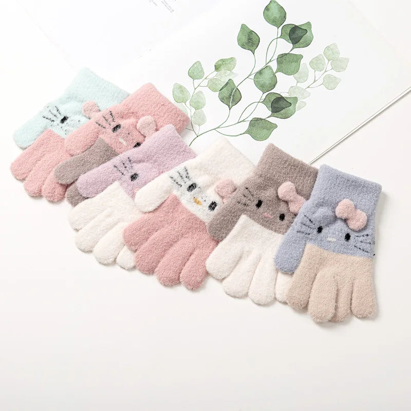 Winter Knitted Children's Gloves 3-10 Years Warm Soft Rabbit Wool Cartoons Kids Gloves Child Full Finger Baby Boys Girls Mittens