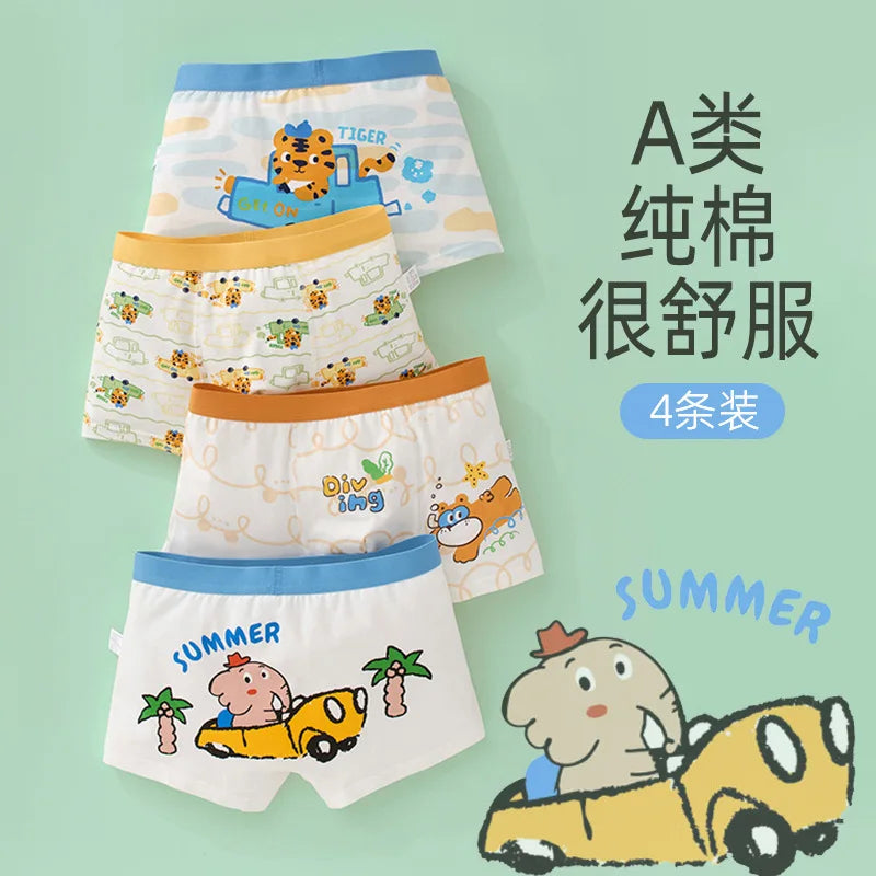 4PCS Boy Cotton Soft Antibacterial Panties Kid Cartoon Dinosaur Print Knickers Thin Breathable Briefs 3+y Young Child Underwears