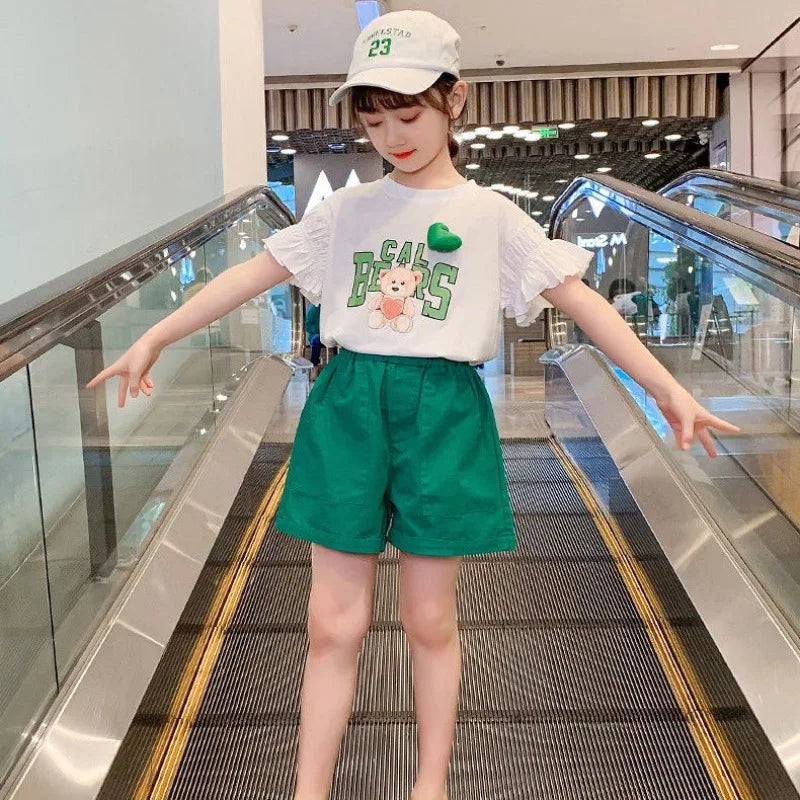 Girls Suit Puff Short Sleeves + Pink Shorts Summer Clothes 2024 New Korean Style Fashion Simple Outer Clothes 2-piece Set