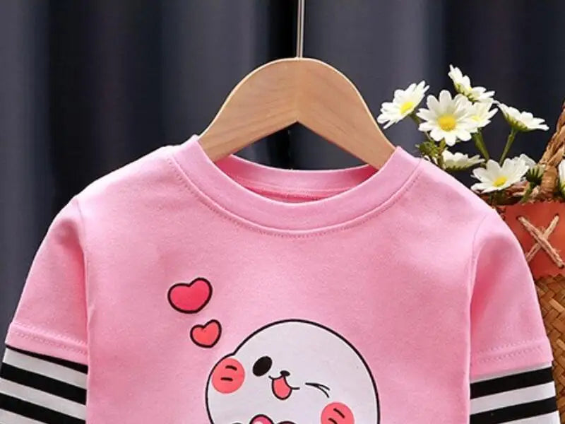 Cartoon T-Shirt Fake Two Piece Cotton Sweatshirt Stripe Kid Boys Spring Autumn Girls Pullover Tops Round Neck Casual Clothes New