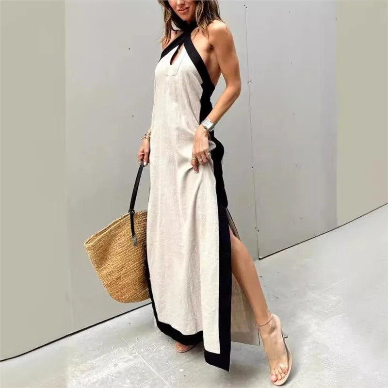 Summer Sexy Women's Dress New Style Cotton Linen Backless Halterneck Slit Vintage Boho Prom Dresses For Women Maxi Robe Femme