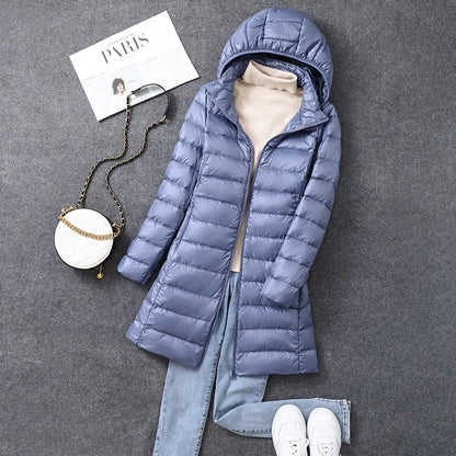 Women's X-long Office Lady Hat Detachable Puffer Jackets 2023 New Arrival Autumn Winter White Duck Down Warm Coat