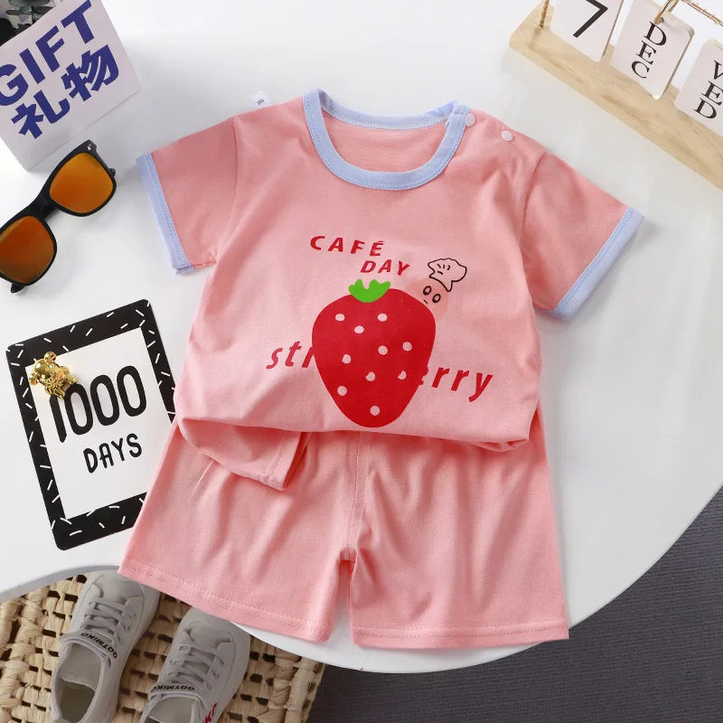 2023 Summer Infant Toddler Short Sleeves Shorts Set Baby Girls Boys Cotton Cartoon Pullover T-shirt+Shorts Two-piece Suit 0-6Y