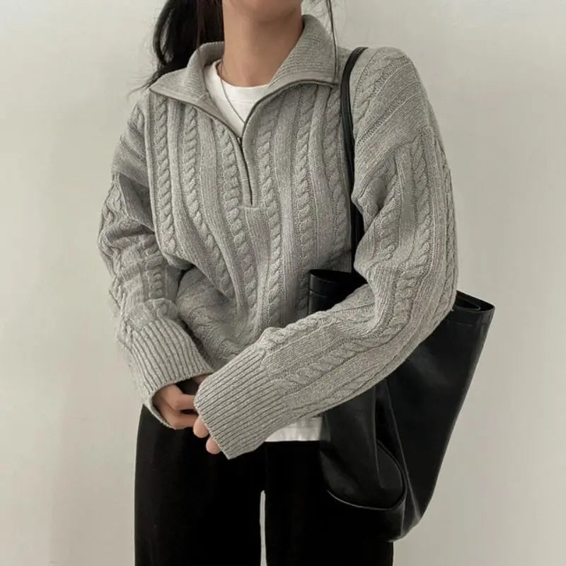 Deeptown Vintage Half Zipper Women Sweaters Korean Fashion Long Sleeve Knitted Pullover Loose Casual Thermal Knitwear Autumn