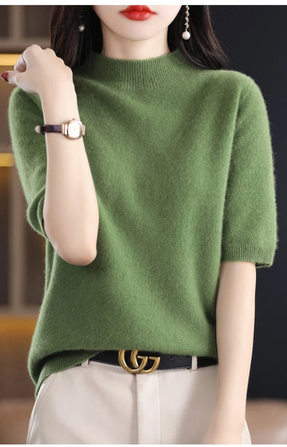 Fashion Half Short Sleeve 100% Merino Wool Sweater Basic Mock-Neck  Cashmere Women Knitted Top  Pullover Clothing Tops