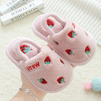 Toddler Shoes Winter Baby Home Slippers Girls Strawberry Warm Cotton Slippers Indoor Antislip Slides Kids Boy Pantufa Infantil