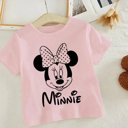 Disney Series Mickey Minnie Anime Clothes T-shirt Boy Girl Casual Summer White Pink Cotton Children's Clothing Baby Kawaii Tees