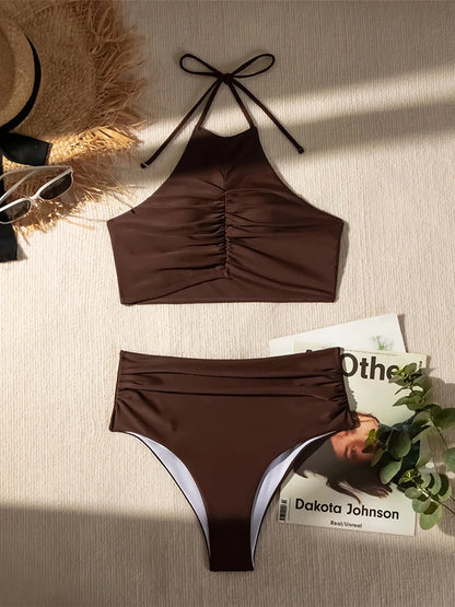 Halter Wrinkled High Neck Female Swimsuit High Waist Bikini Women Swimwear Two-pieces Bikini set Bather Bathing Suit Swim K5616