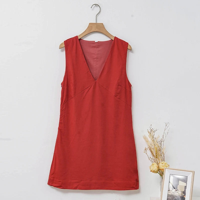 Casual Linen Sleeveless Dress Elegant Women's Sexy V-Neck Chic Casual Cotton And Linen Dresses New Summer Clothes Vestidos