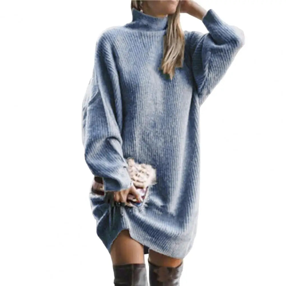 Fashion Midi Dress Coldproof Knee Length Women Winter Knitted Solid Color Pullover Knitting Dress