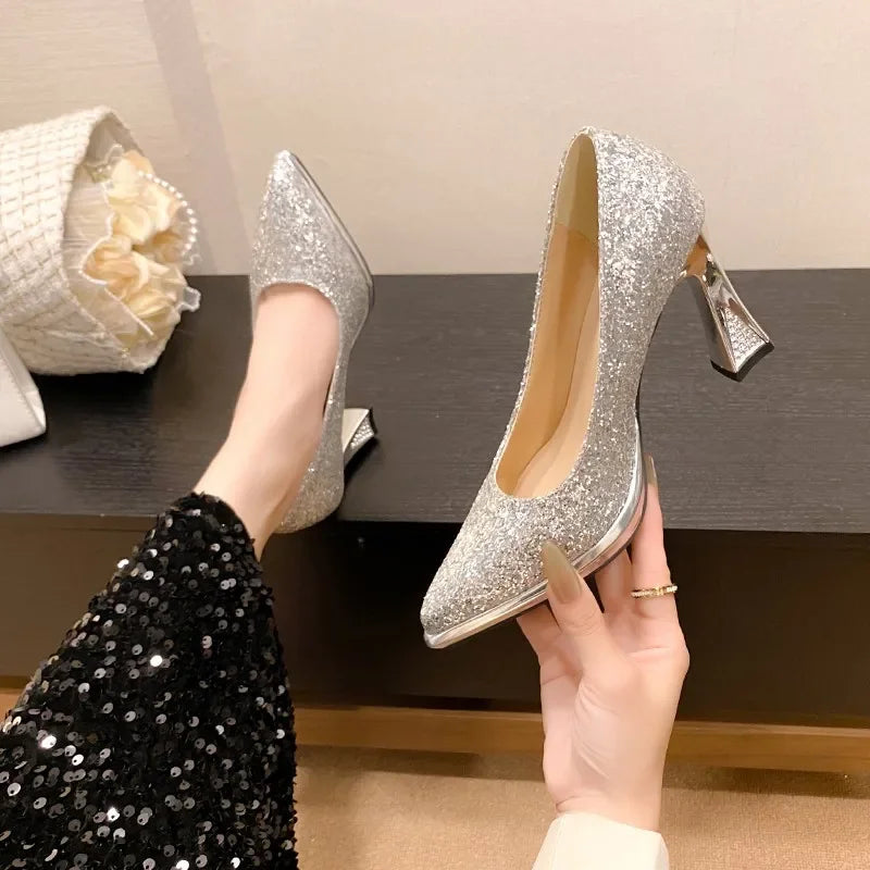 Women High Heels Pumps Lady Stiletto Wedding Bridal Gold Silver Heels Nightclub Office Party Sparkly Sequins Bling Women Sandals