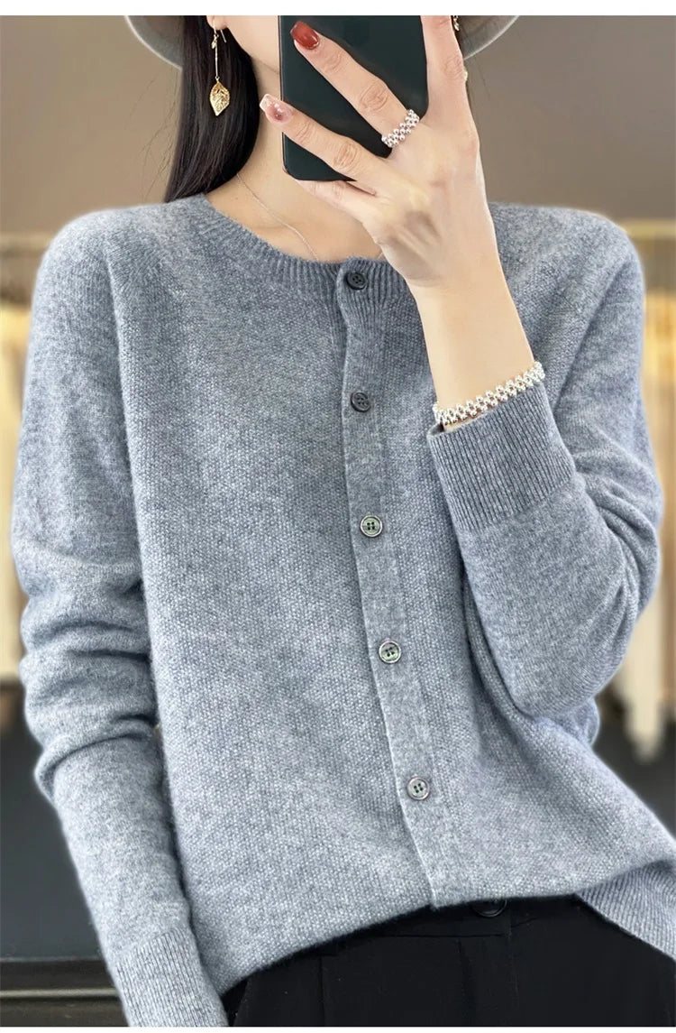 2024Spring and Autumn  New 100% pure merino cashmere sweater women's O-neck cardigan loose long-sleeved sweater top