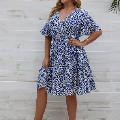 Plus Size Dress Woman 2023 Summer V Neck Short Sleeve Floral Print Casual Midi Dress High Waist Chic Beach Party Dresses