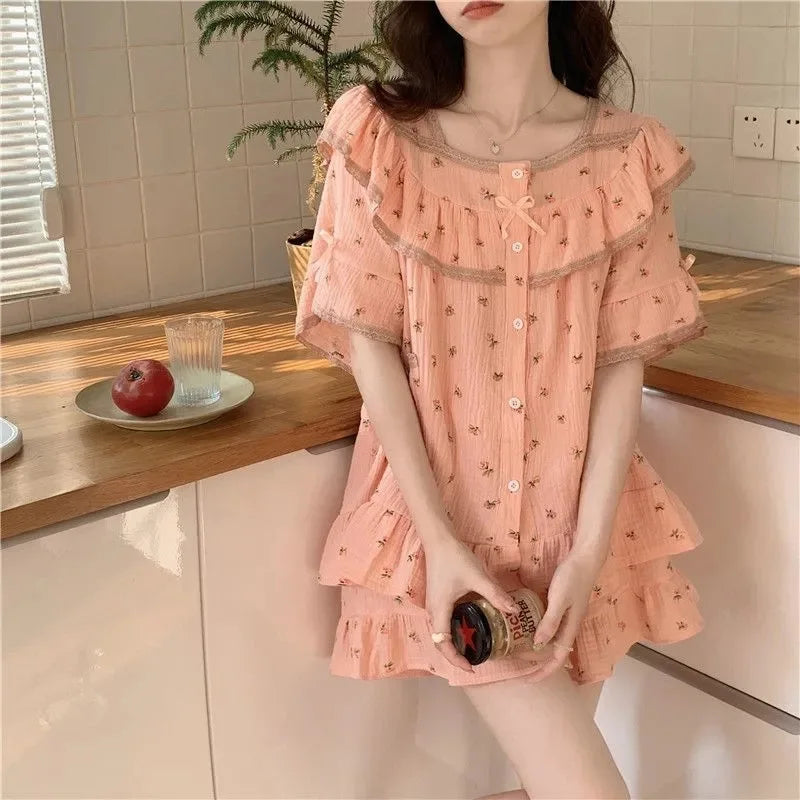 Summer Ladies Pajamas Set Female New Sweet Short-Sleeved Floral Students Short-Sleeved Shorts Bow Girl Pajamas Homewear Set