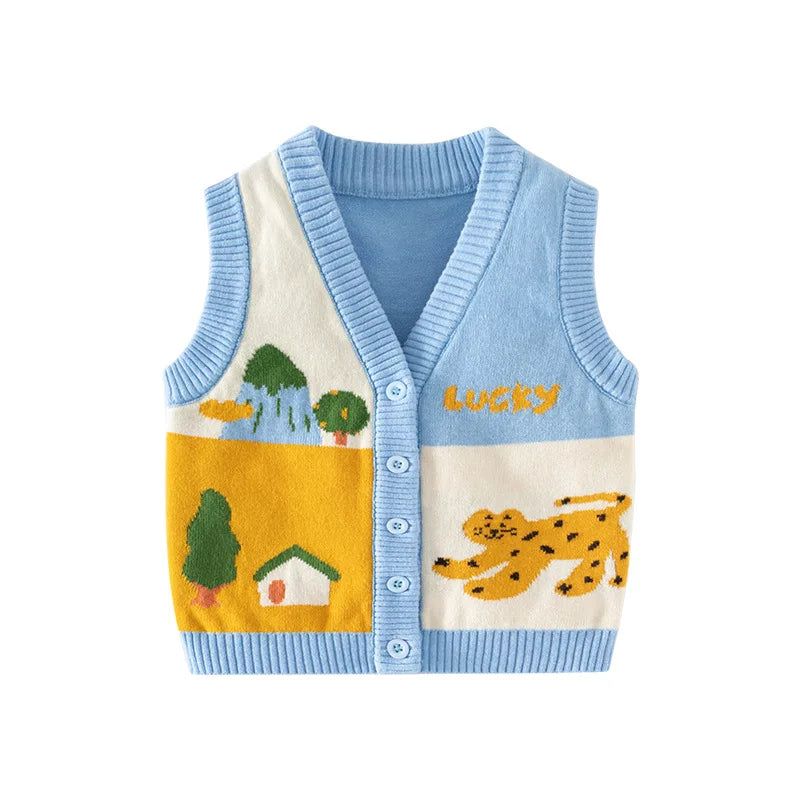 New Ins Spring Autumn Little Boy Cardigan Jacquard Cartoon Patchwork Baby Boys Waistwear Knitted Woven Cotton Toddler Boy Vest