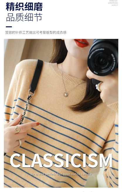 100% Cotton Knitted Sweater Women's Sweater Striped Color Matching Round Neck Large Size Loose Temperament Long Sleeve Bottoming