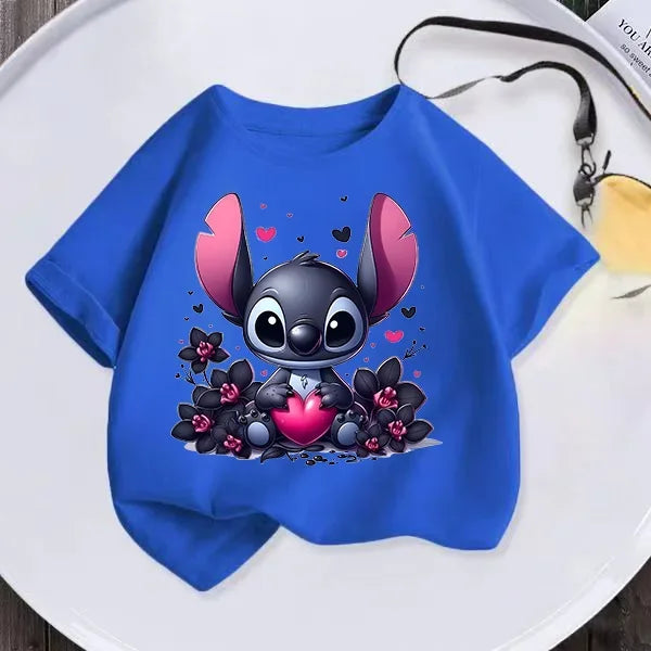 Disney Kids kawaii Clothing T-shirt Teen Playful Stitch Print Comfy crew neck Top Boys Girls Casual short sleeve