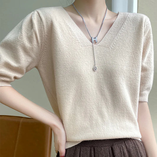 2022Spring Sweater 100%Wool Short Sleeve Women New T-Shirt Double V-Neck Pullovers Thin Vest Loose Cashmere Knit Tops Base Shirt