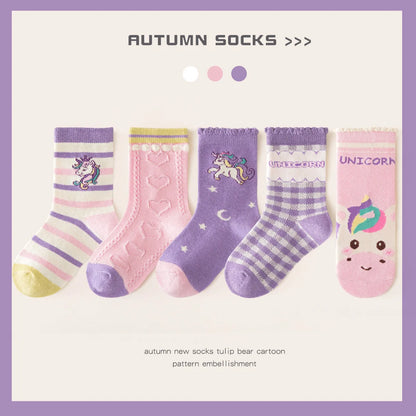 Autumn Winter Children's Socks Cute Cartoon Unicorn Pattern Cotton Socks Baby Girls 5 Pairs Mid Calf  Socks