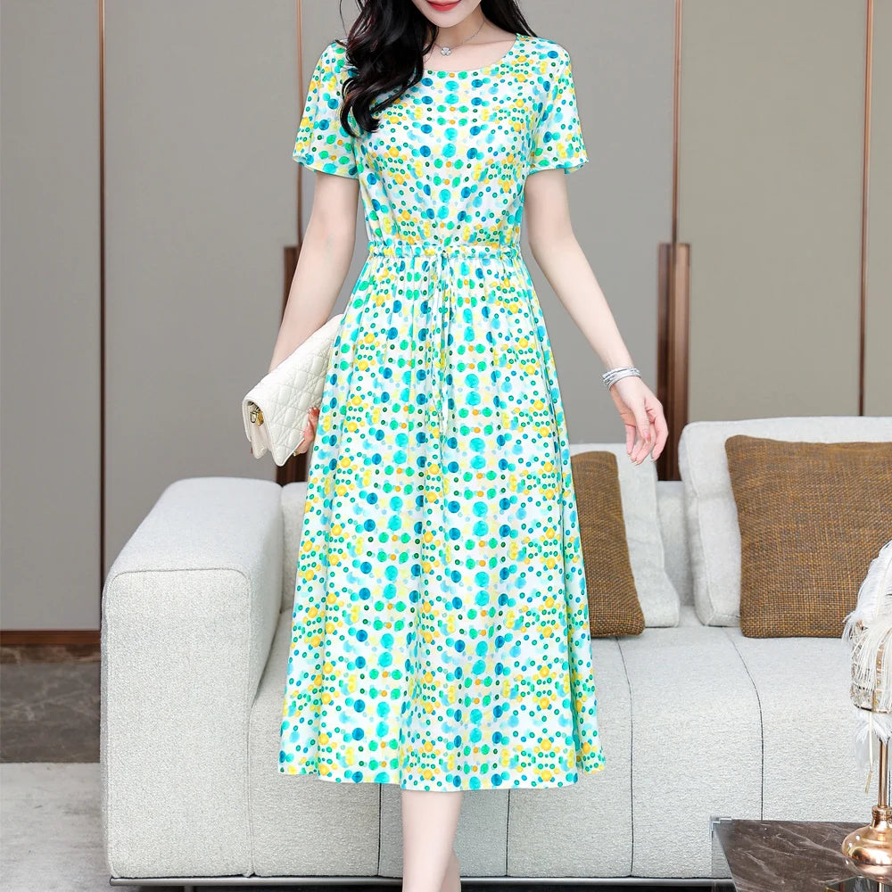 Summer women short sleeve dresses print vintage o-neck Beach Dress Sundress Vestidos dress